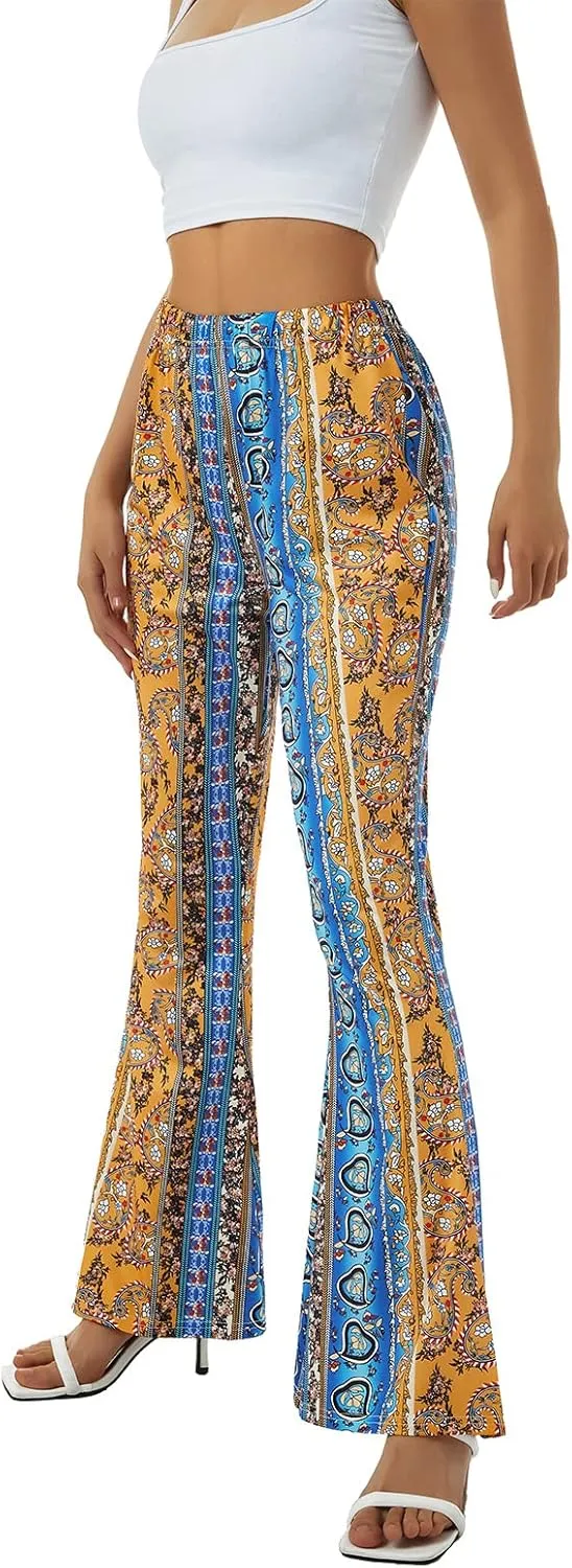 Boho Print Flare Pants for Women High Waist Stretch Comfy Bell Bottom Trousers 70s Hippie Pants Floral Yoga Leggings