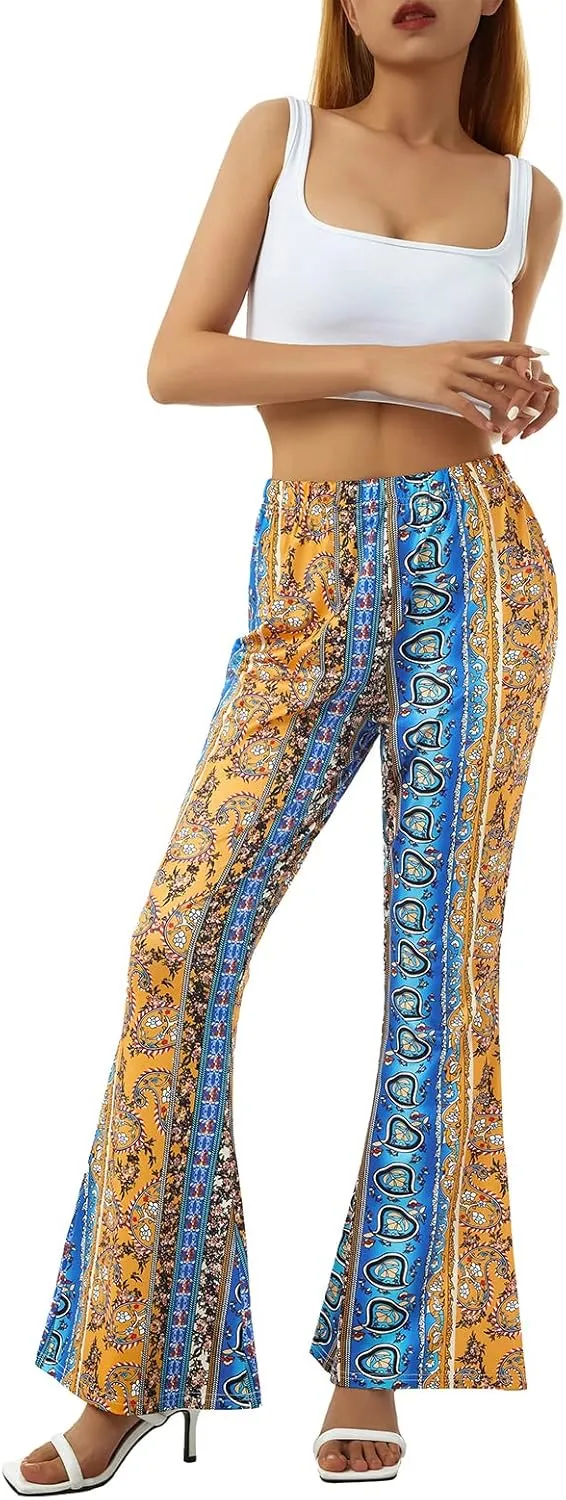 Boho Print Flare Pants for Women High Waist Stretch Comfy Bell Bottom Trousers 70s Hippie Pants Floral Yoga Leggings