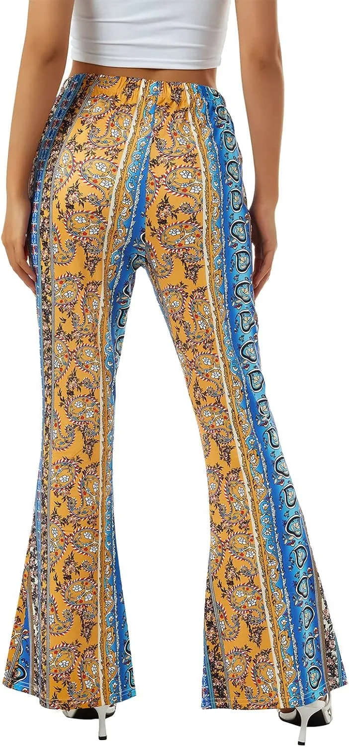 Boho Print Flare Pants for Women High Waist Stretch Comfy Bell Bottom Trousers 70s Hippie Pants Floral Yoga Leggings