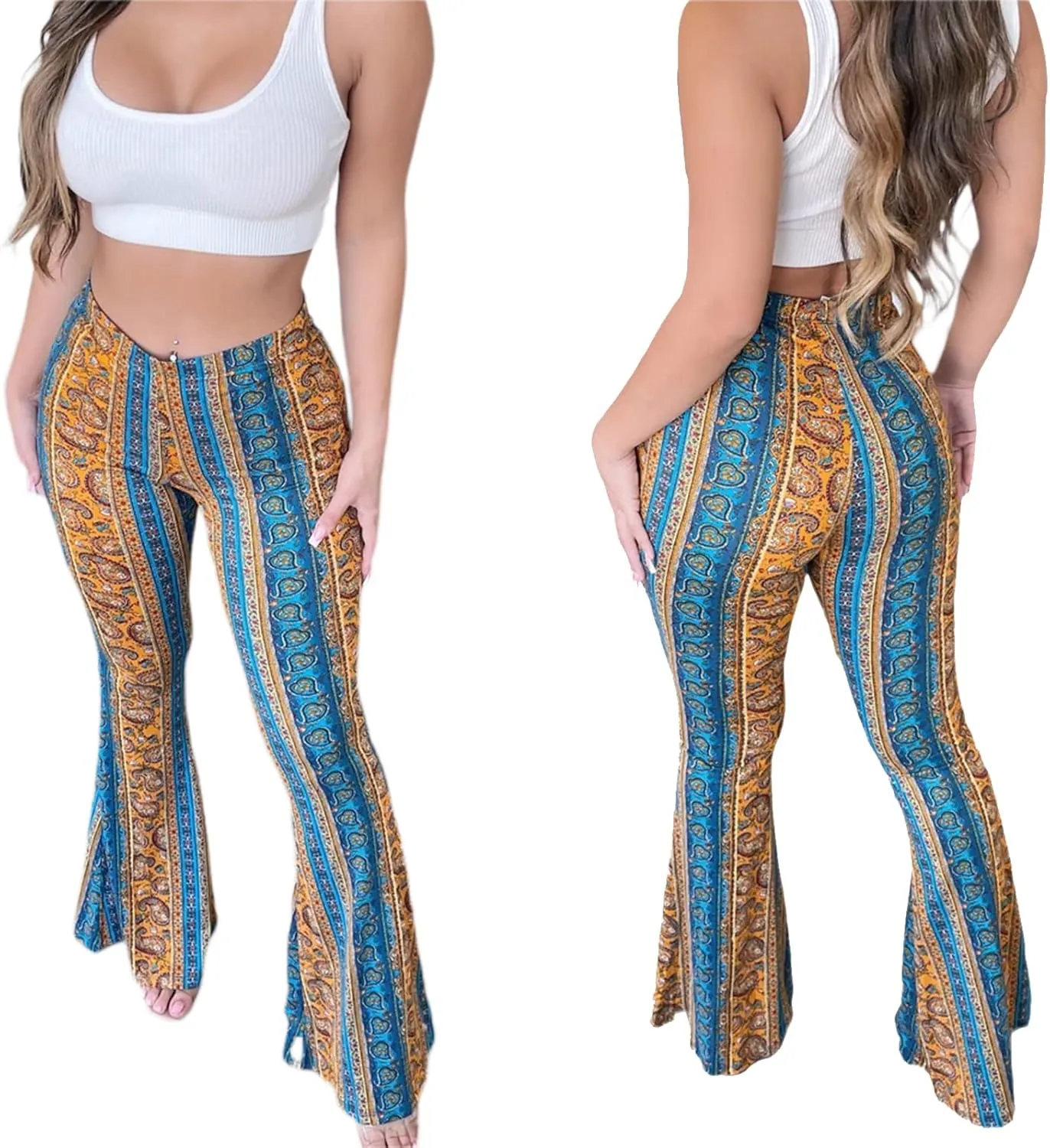 Boho Print Flare Pants for Women High Waist Stretch Comfy Bell Bottom Trousers 70s Hippie Pants Floral Yoga Leggings