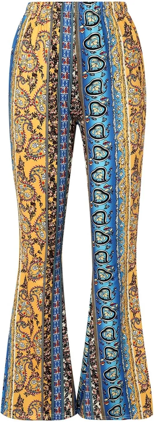 Boho Print Flare Pants for Women High Waist Stretch Comfy Bell Bottom Trousers 70s Hippie Pants Floral Yoga Leggings