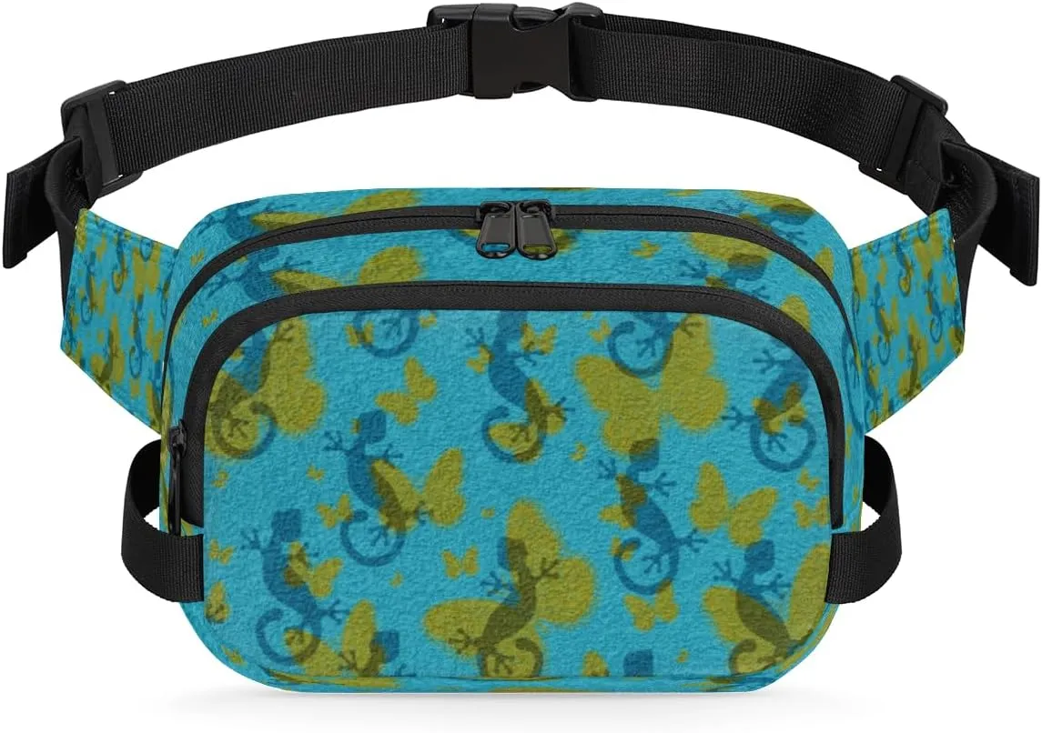 Butterflies Lizard Fanny Packs for Women Men Fashion Waist Packs Belt Bag Water-resistant Crossbody Bag Reptile Blue Waist Pouch Waist Pack Hip Bum Bag for Hiking Casual Travel Cycling