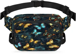 Butterfly Golden Black Fanny Pack Crossbody Bags for Women Men Waist Packs Hip Bum Bag Cross Body Fanny Pack with Adjustable Strap for Running Hiking Travel