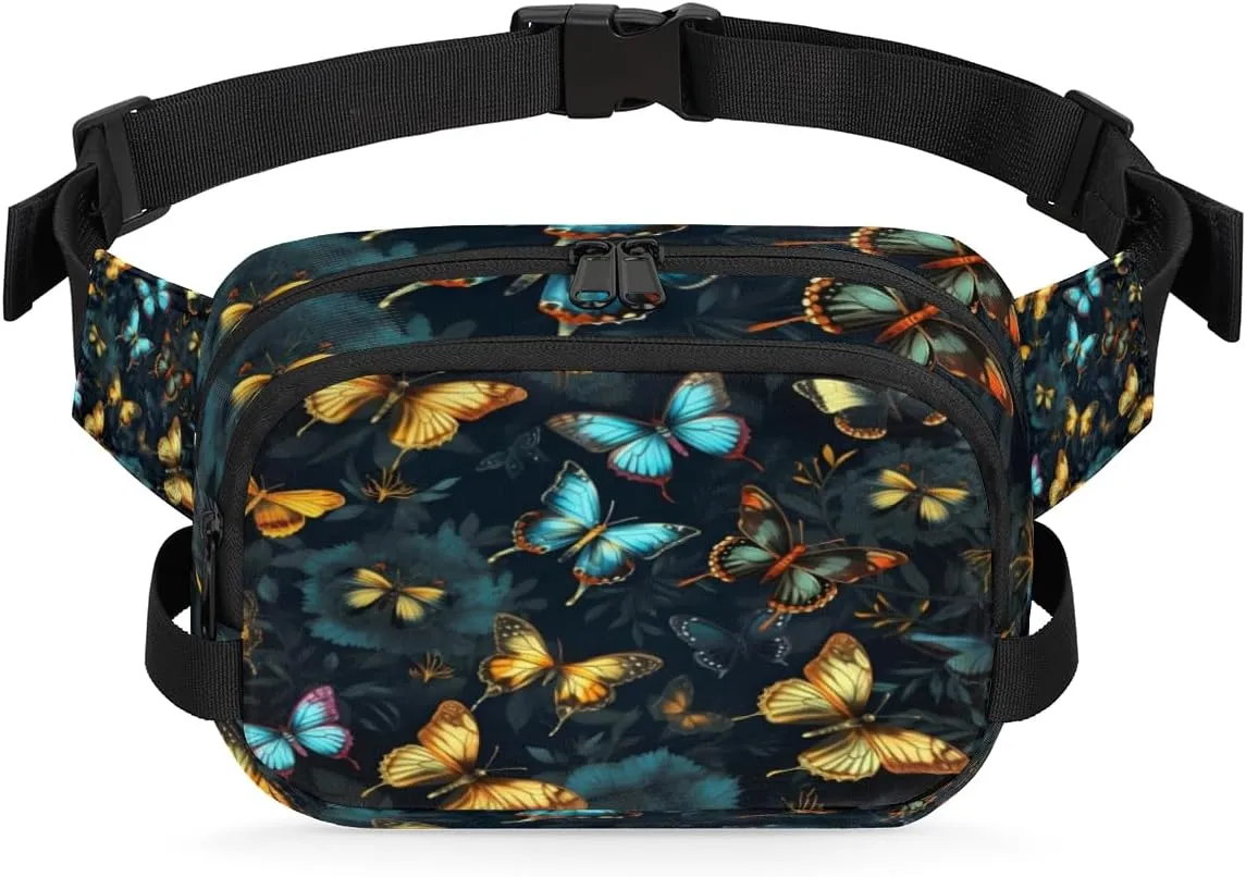 Butterfly Golden Black Fanny Pack Crossbody Bags for Women Men Waist Packs Hip Bum Bag Cross Body Fanny Pack with Adjustable Strap for Running Hiking Travel