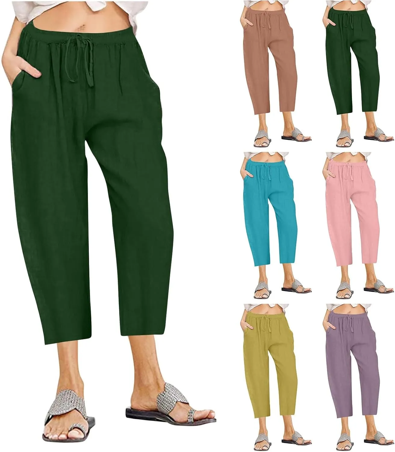 Capri Linen Pants Women Summer Drawstring Pockets Wide Leg Capris Loose Casual Palazzo Capris Beach Vacation Outfits