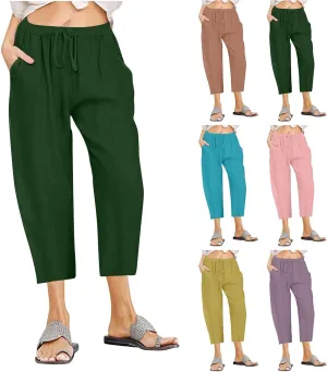 Capri Linen Pants Women Summer Drawstring Pockets Wide Leg Capris Loose Casual Palazzo Capris Beach Vacation Outfits