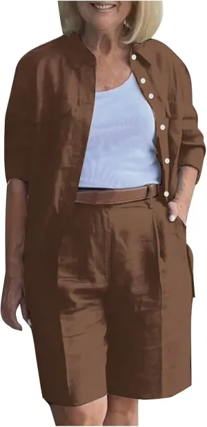 Casual 2 Piece Outfits Linen Blazer Shorts Set for Women Plus Size Solid Color Pants Suits with Pockets