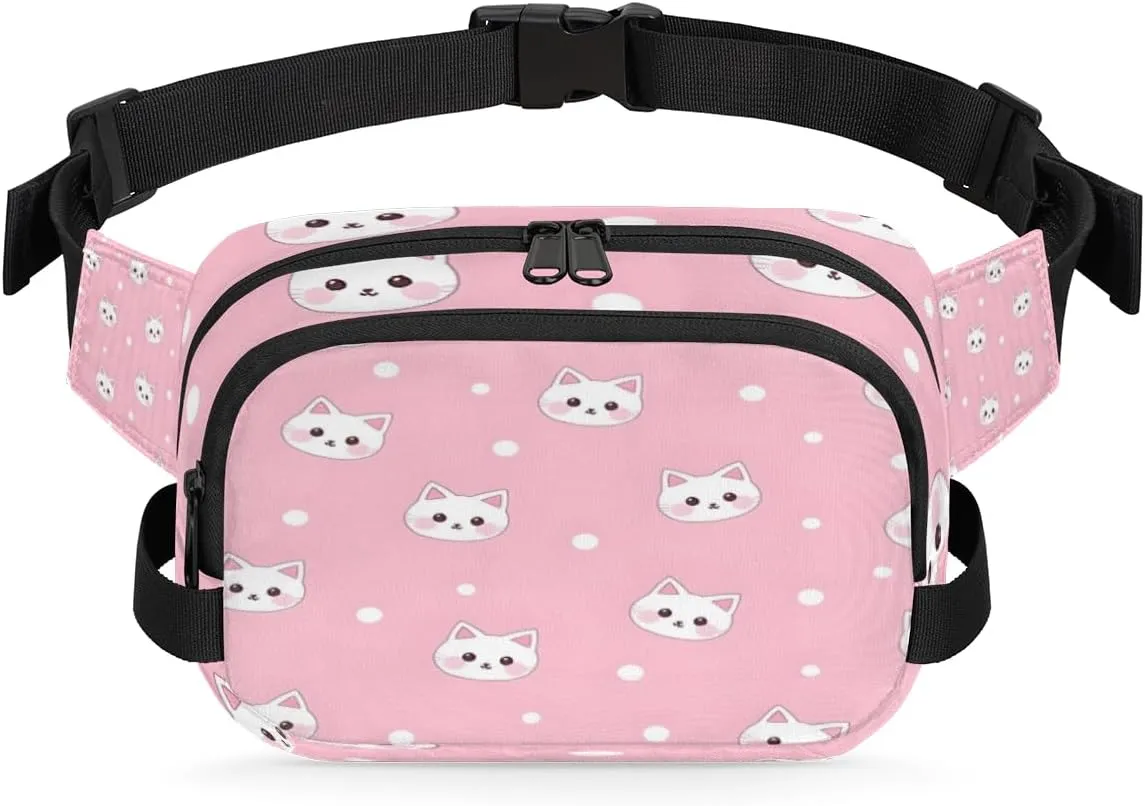 Cat Pink White Fanny Pack Crossbody Bags for Women Men Waist Packs Hip Bum Bag Cross Body Fanny Pack with Adjustable Strap for Running Hiking Travel