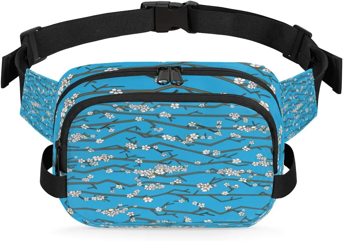 Cherry Blossoms Fanny Pack Crossbody Bags for Women Men Waist Packs Blue Abstract Hip Bum Bag Cross Body Fanny Pack with Adjustable Strap for Running Hiking Travel