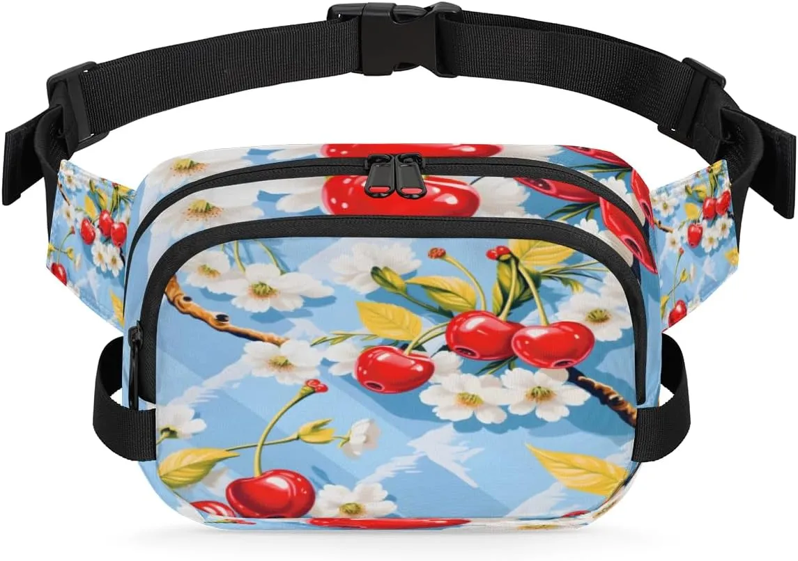 Cherry Bright Fanny Packs for Women Men Fashion Waist Packs Belt Bag Water-resistant Crossbody Bag Blue Red Waist Pouch Waist Pack Hip Bum Bag for Hiking Casual Travel Cycling