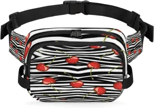 Cherry Fruit Stripe Fanny Packs for Women Men Fashion Waist Packs Belt Bag Water-resistant Crossbody Bag Waist Pouch Waist Pack Hip Bum Bag for Hiking Casual Travel Cycling