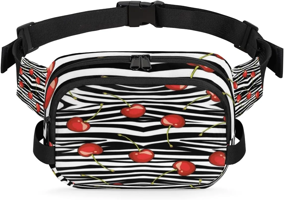 Cherry Fruit Stripe Fanny Packs for Women Men Fashion Waist Packs Belt Bag Water-resistant Crossbody Bag Waist Pouch Waist Pack Hip Bum Bag for Hiking Casual Travel Cycling