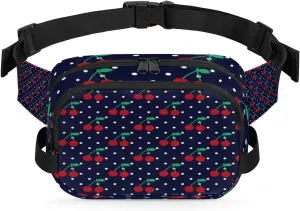 Cherry Polka Dots Fanny Packs for Women Men Fashion Waist Packs Belt Bag Water-resistant Crossbody Bag Blue Waist Pouch Waist Pack Hip Bum Bag for Hiking Casual Travel Cycling