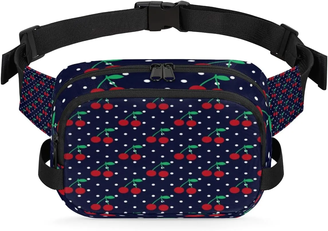 Cherry Polka Dots Fanny Packs for Women Men Fashion Waist Packs Belt Bag Water-resistant Crossbody Bag Blue Waist Pouch Waist Pack Hip Bum Bag for Hiking Casual Travel Cycling