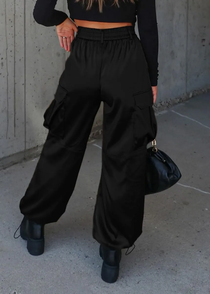 chouyatou Women's Casual Satin Cargo Pants Elastic High Waisted Jogger Parachute Pants Lounge Trousers