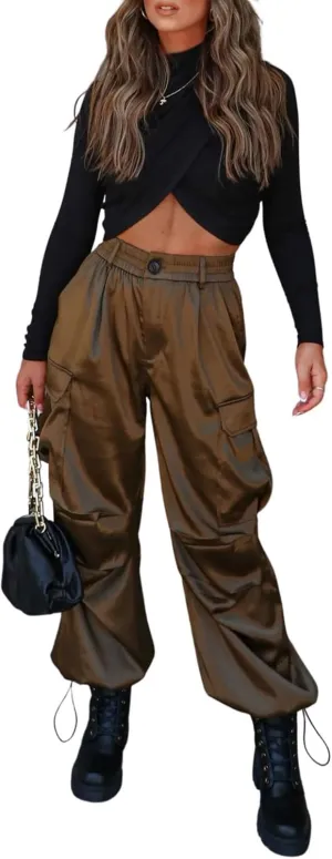 chouyatou Women's Casual Satin Cargo Pants Elastic High Waisted Jogger Parachute Pants Lounge Trousers