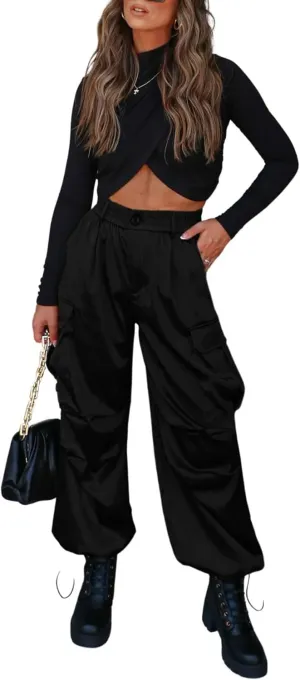 chouyatou Women's Casual Satin Cargo Pants Elastic High Waisted Jogger Parachute Pants Lounge Trousers