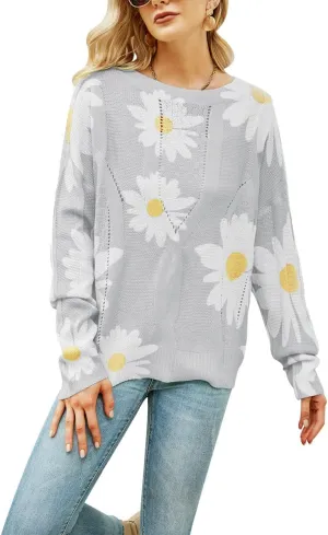 chouyatou Women's Crewneck Long Sleeve Floral Printed Knitted Sweater Pullover Tops