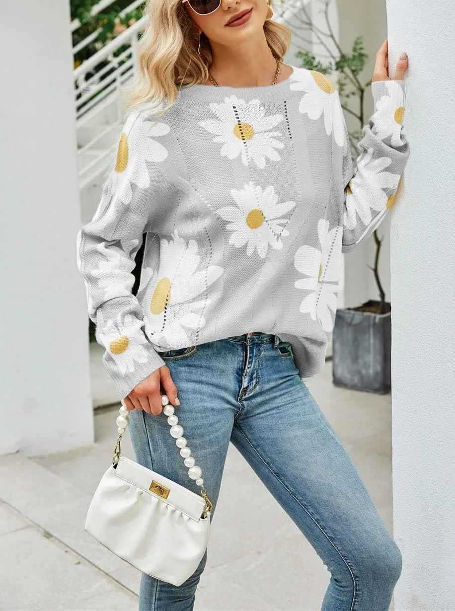 chouyatou Women's Crewneck Long Sleeve Floral Printed Knitted Sweater Pullover Tops
