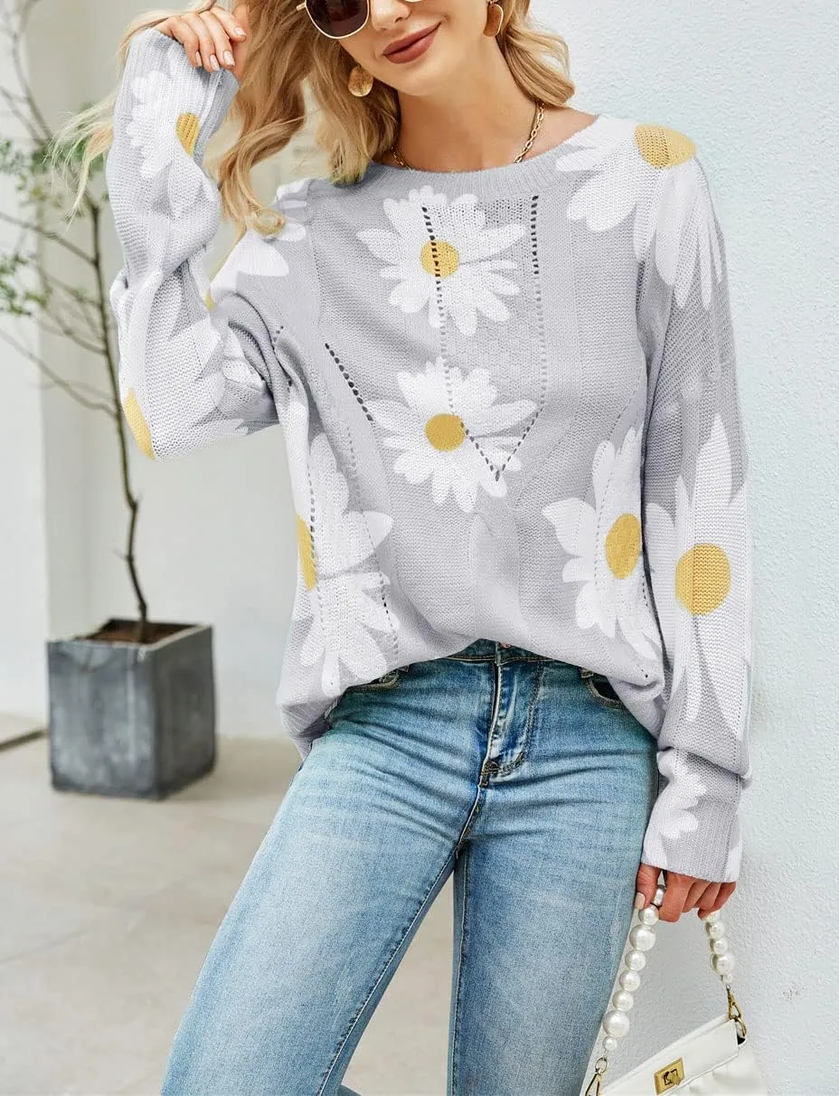 chouyatou Women's Crewneck Long Sleeve Floral Printed Knitted Sweater Pullover Tops