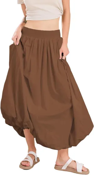 chouyatou Women's Summer Y2k Bubble Maxi Long Skirt Puffy Ruffle High Waist A-Line Smocked Skirt