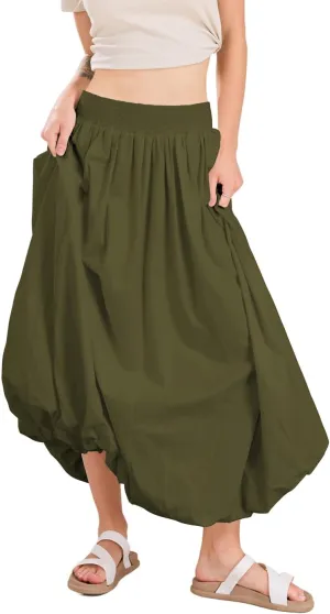 chouyatou Women's Summer Y2k Bubble Maxi Long Skirt Puffy Ruffle High Waist A-Line Smocked Skirt