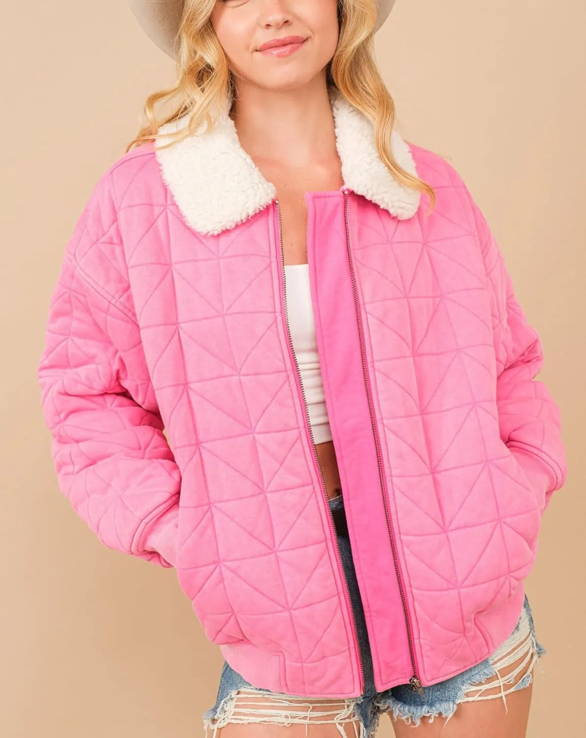chouyatou Women's Winter Fur Collar Lightweight Quilted Jacket Bomber Zip Oversized Down Puffer Jacket
