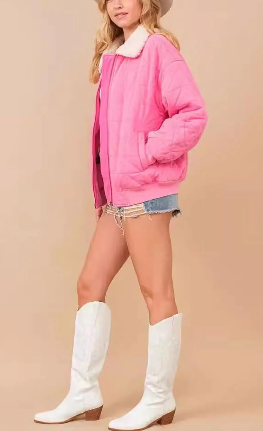 chouyatou Women's Winter Fur Collar Lightweight Quilted Jacket Bomber Zip Oversized Down Puffer Jacket
