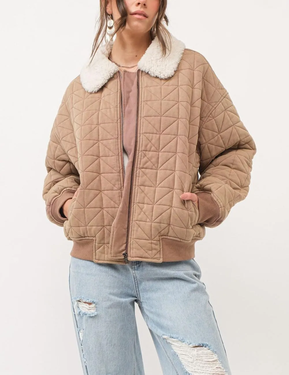 chouyatou Women's Winter Fur Collar Lightweight Quilted Jacket Bomber Zip Oversized Down Puffer Jacket
