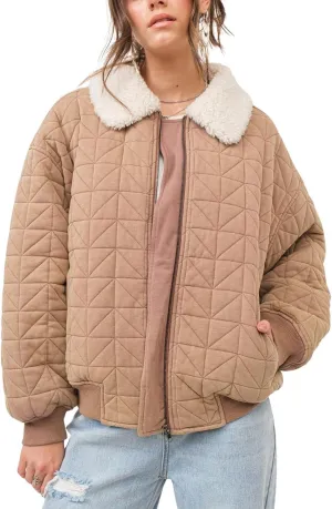 chouyatou Women's Winter Fur Collar Lightweight Quilted Jacket Bomber Zip Oversized Down Puffer Jacket