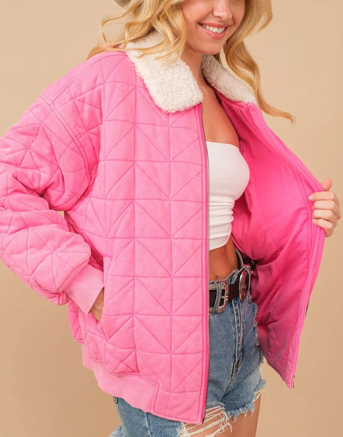 chouyatou Women's Winter Fur Collar Lightweight Quilted Jacket Bomber Zip Oversized Down Puffer Jacket