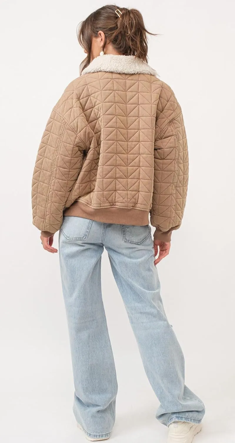 chouyatou Women's Winter Fur Collar Lightweight Quilted Jacket Bomber Zip Oversized Down Puffer Jacket