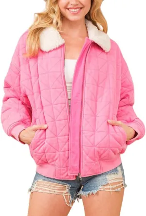 chouyatou Women's Winter Fur Collar Lightweight Quilted Jacket Bomber Zip Oversized Down Puffer Jacket