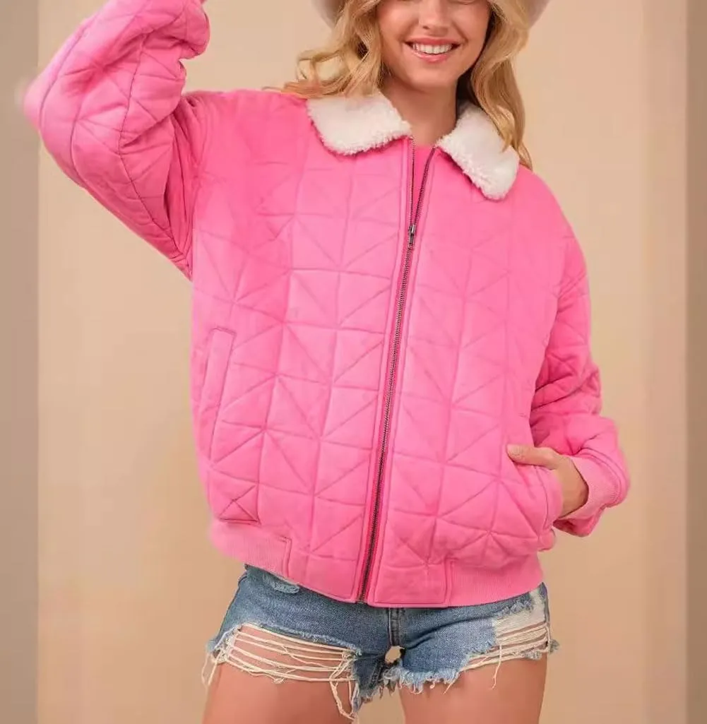 chouyatou Women's Winter Fur Collar Lightweight Quilted Jacket Bomber Zip Oversized Down Puffer Jacket
