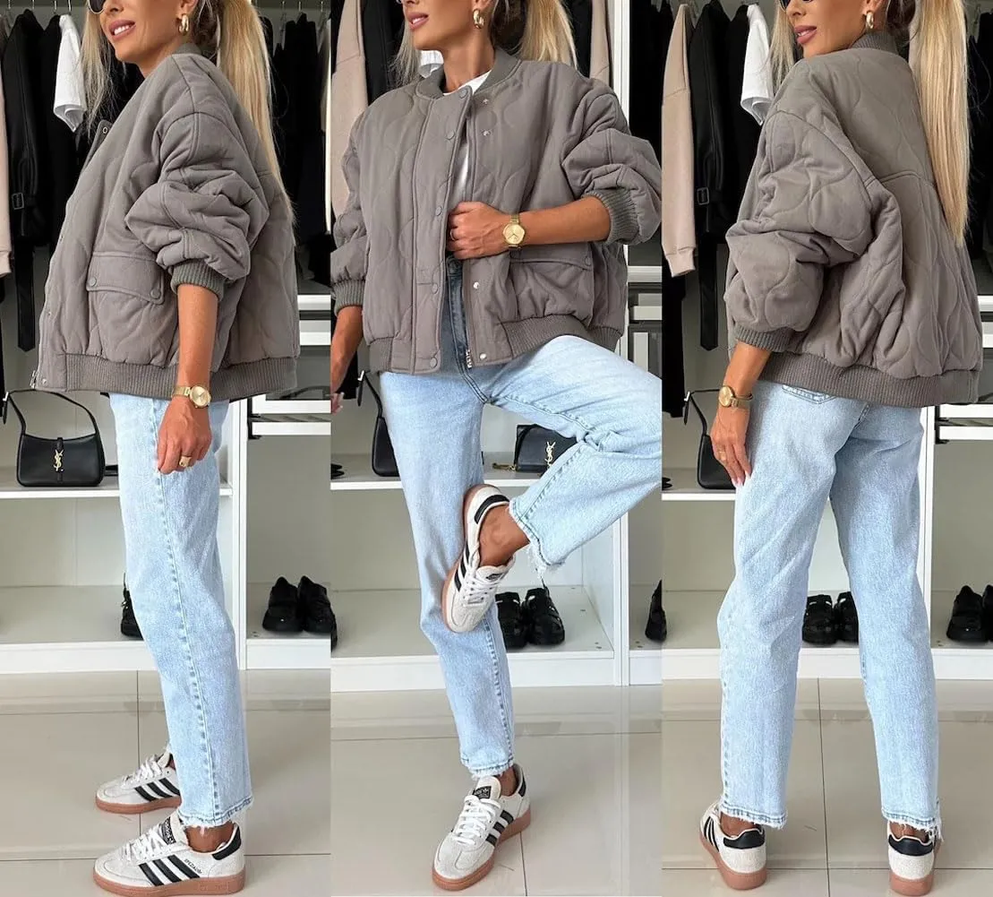 chouyatou Women's Winter Oversized Quilted Bomber Jacket Boyfriend Padded Puffer Jacket Down Coat