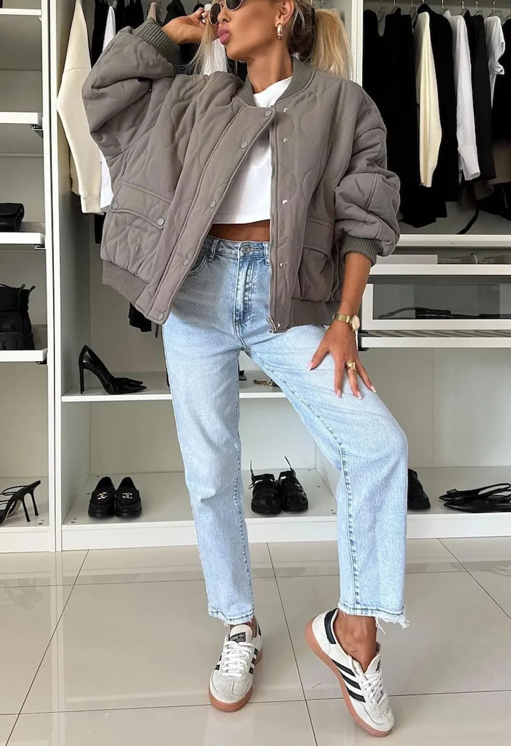 chouyatou Women's Winter Oversized Quilted Bomber Jacket Boyfriend Padded Puffer Jacket Down Coat