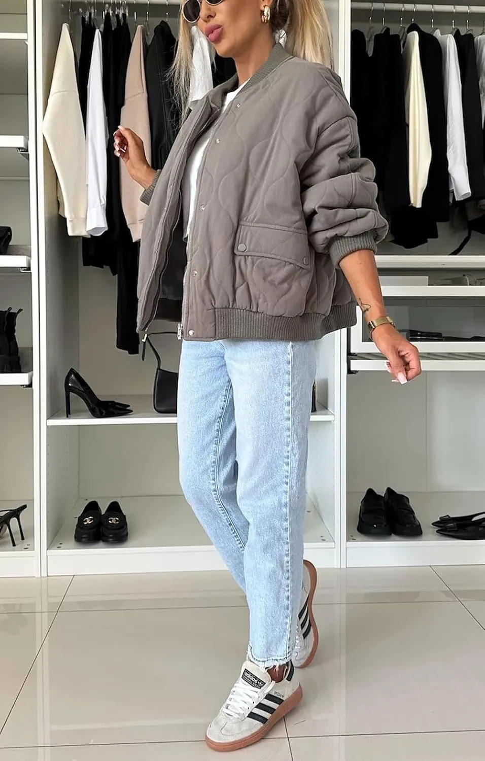 chouyatou Women's Winter Oversized Quilted Bomber Jacket Boyfriend Padded Puffer Jacket Down Coat