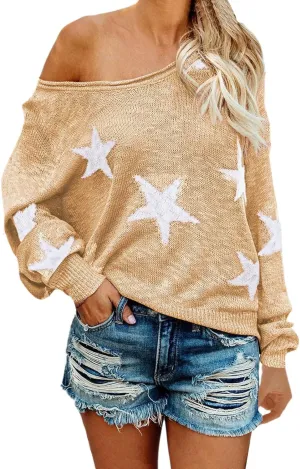 COCOLEGGINGS Women's Scoop Neck Long Sleeve Star Pullover Sweater Tunic Tops