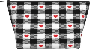 Cosmetic Bags for Women, Love Heart White Black Plaid Small Makeup Bag Cases for Purse, Organizer Travel Toiletry Bags Accessories Pouch for Girls Gifts