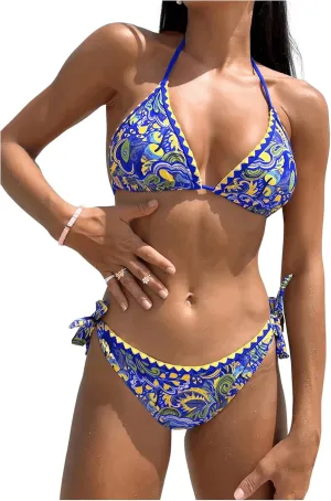 COZYEASE Women's Bikini Sets 2 Piece Halter Triangle Allover Print Swimsuit Set Boho Knot Side Bathing Suit Set