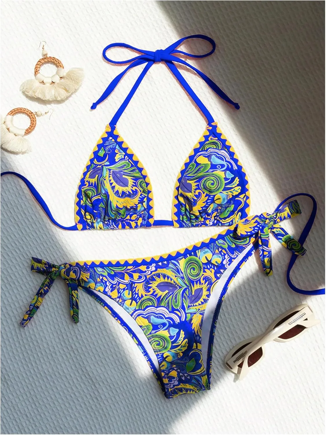 COZYEASE Women's Bikini Sets 2 Piece Halter Triangle Allover Print Swimsuit Set Boho Knot Side Bathing Suit Set