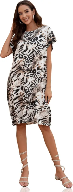 Curve Muse Women Plus Size Leopard Short Sleeve Round Neck Stretchy Midi Dress