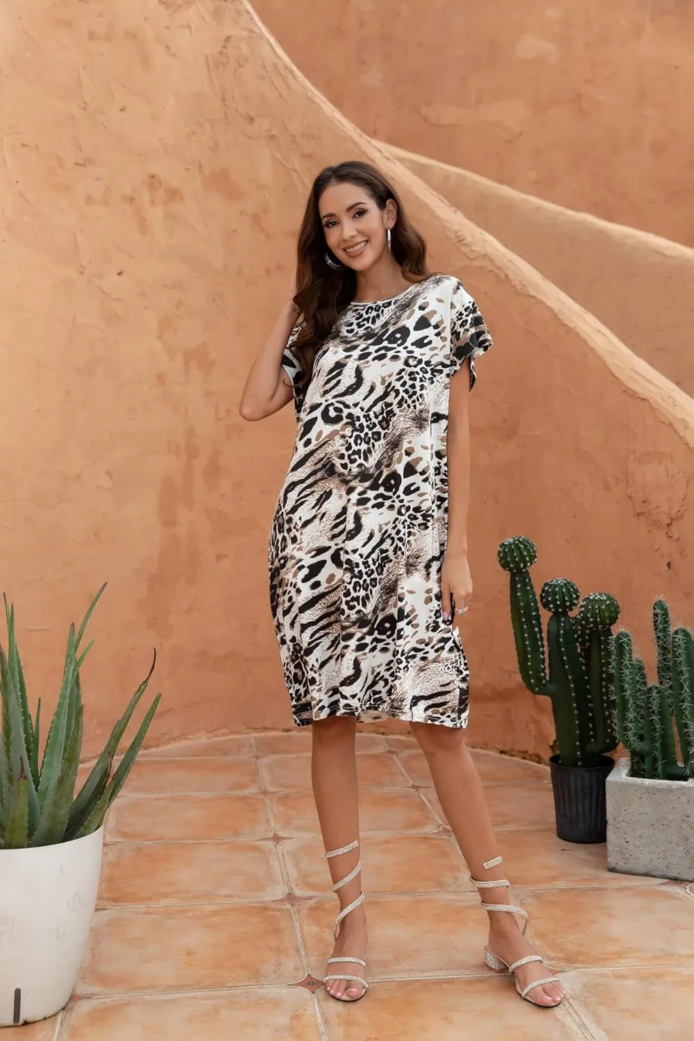 Curve Muse Women Plus Size Leopard Short Sleeve Round Neck Stretchy Midi Dress