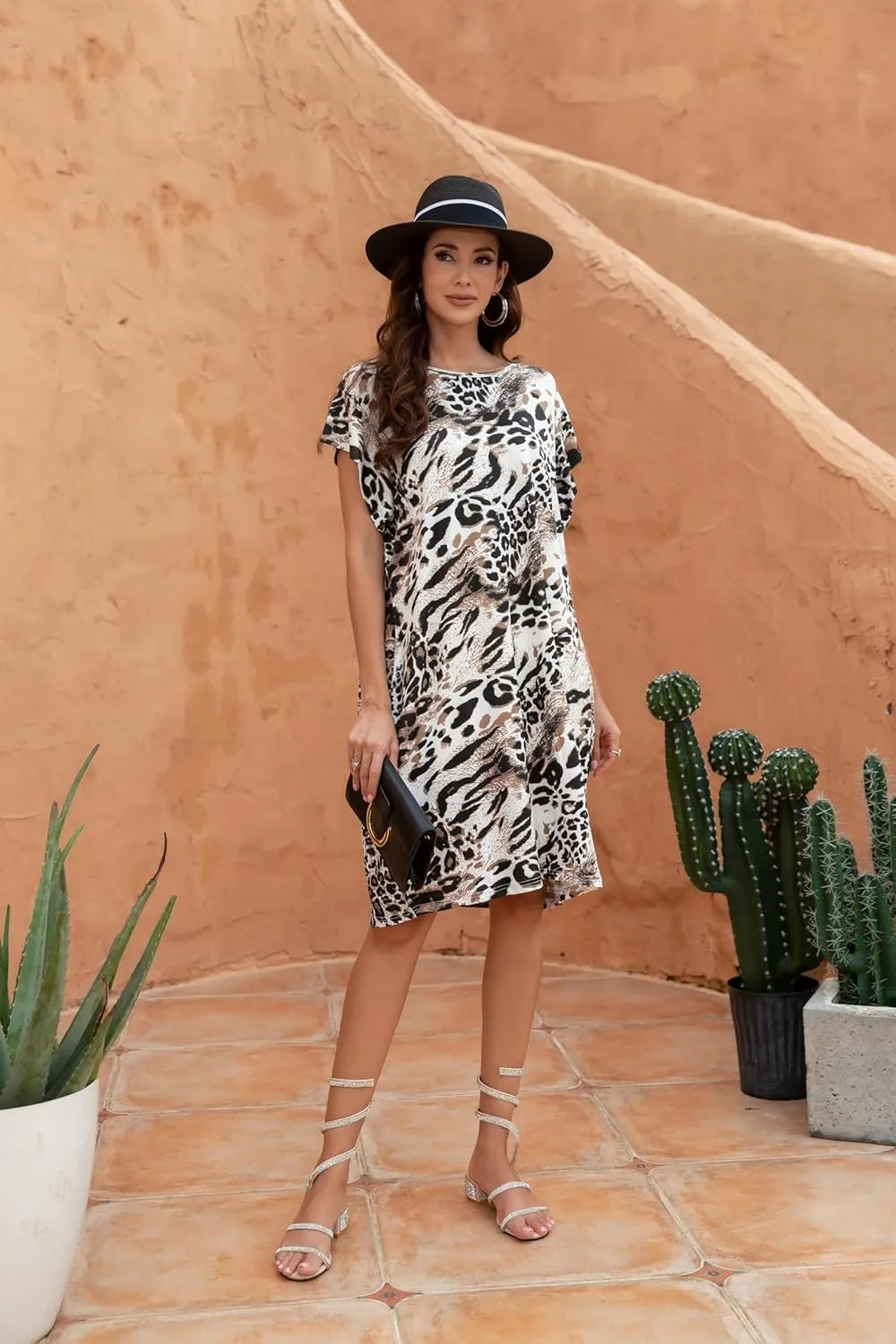 Curve Muse Women Plus Size Leopard Short Sleeve Round Neck Stretchy Midi Dress