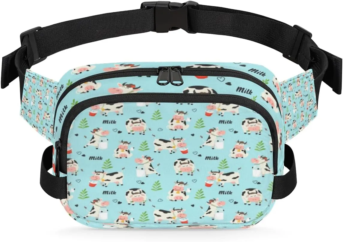 Cute Cow Print Fanny Packs for Women Men Fashion Waist Packs Belt Bag Water-resistant Crossbody Bag Blue Waist Pouch Waist Pack Hip Bum Bag for Hiking Casual Travel Cycling