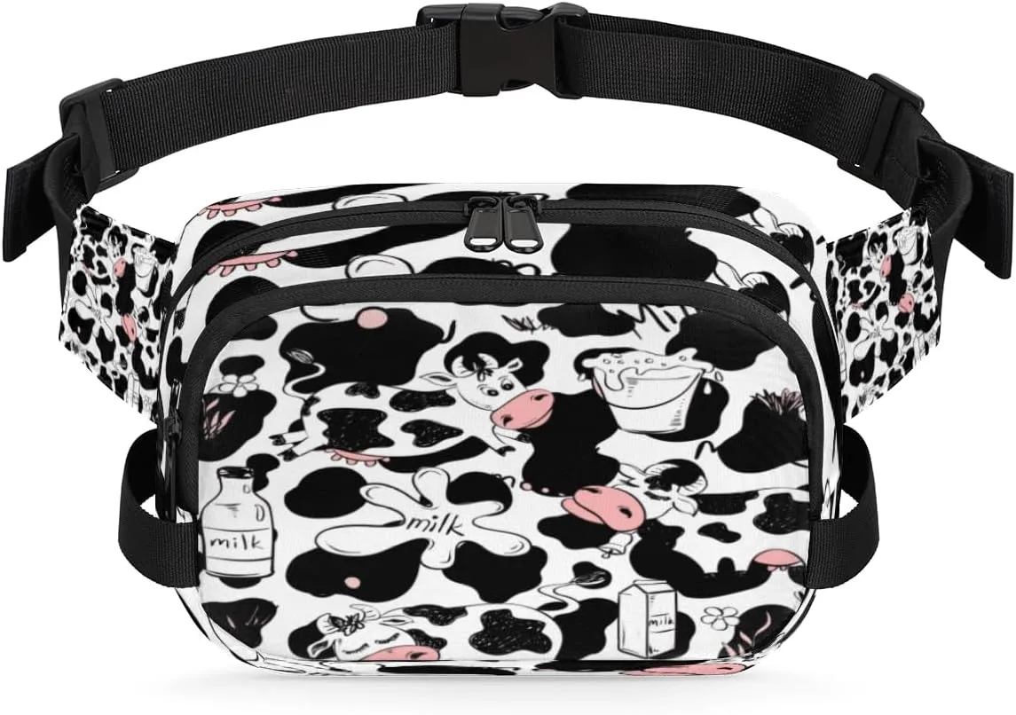 Cute Cow Print Fanny Packs for Women Men Fashion Waist Packs Belt Bag Water-resistant Crossbody Bag Milk Waist Pouch Waist Pack Hip Bum Bag for Hiking Casual Travel Cycling