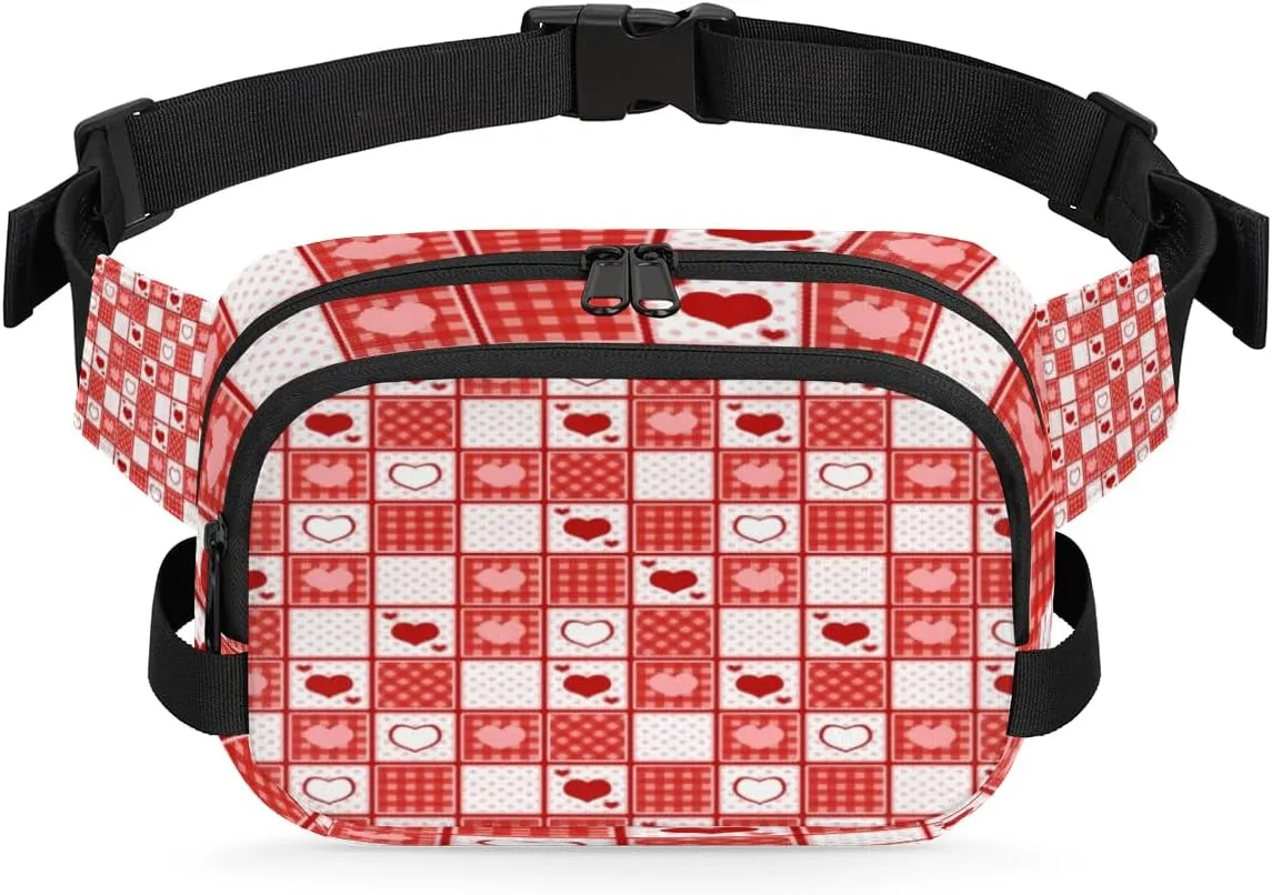 Cute Heart Plaid Fanny Packs for Women Men Fashion Waist Packs Belt Bag Water-resistant Crossbody Bag Red Waist Pouch Waist Pack Hip Bum Bag for Hiking Casual Travel Cycling