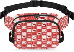 Cute Heart Plaid Fanny Packs for Women Men Fashion Waist Packs Belt Bag Water-resistant Crossbody Bag Red Waist Pouch Waist Pack Hip Bum Bag for Hiking Casual Travel Cycling