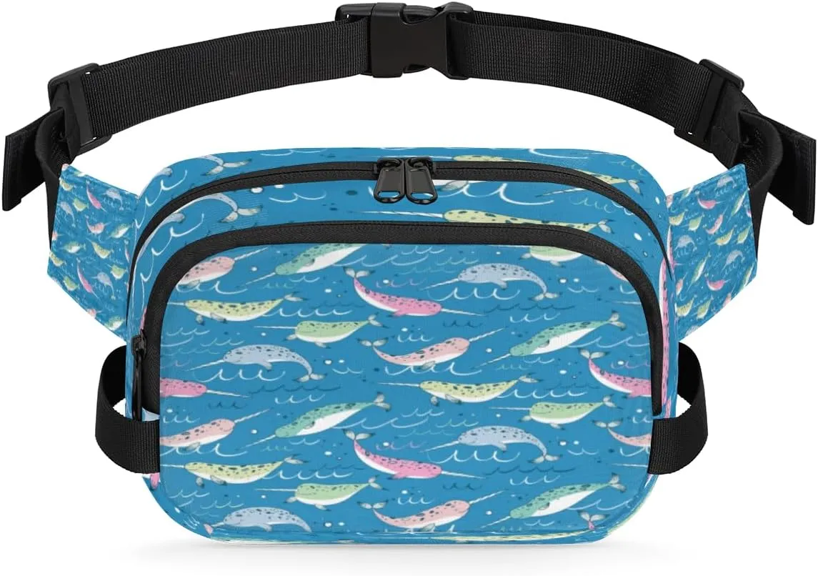 Cute Narwhale Fanny Pack Crossbody Bags for Women Men Waist Packs Colorful Hip Bum Bag Cross Body Fanny Pack with Adjustable Strap for Running Hiking Travel