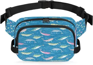 Cute Narwhale Fanny Pack Crossbody Bags for Women Men Waist Packs Colorful Hip Bum Bag Cross Body Fanny Pack with Adjustable Strap for Running Hiking Travel
